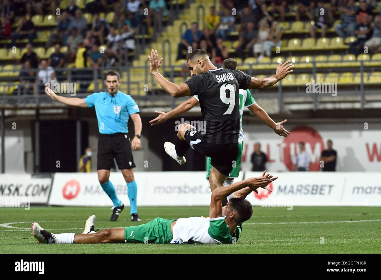 ZAPORIZHZHIA, UKRAINE - AUGUST 26, 2021 - Forward Shahab Zahedi Tabar of FC Zorya Luhansk is seen in action with a player of SK Rapid Wien during the 2021/2022 UEFA Europa League play-off 2nd leg game at the Slavutych Arena, Zaporizhzhia, southeastern Ukraine. Stock Photo