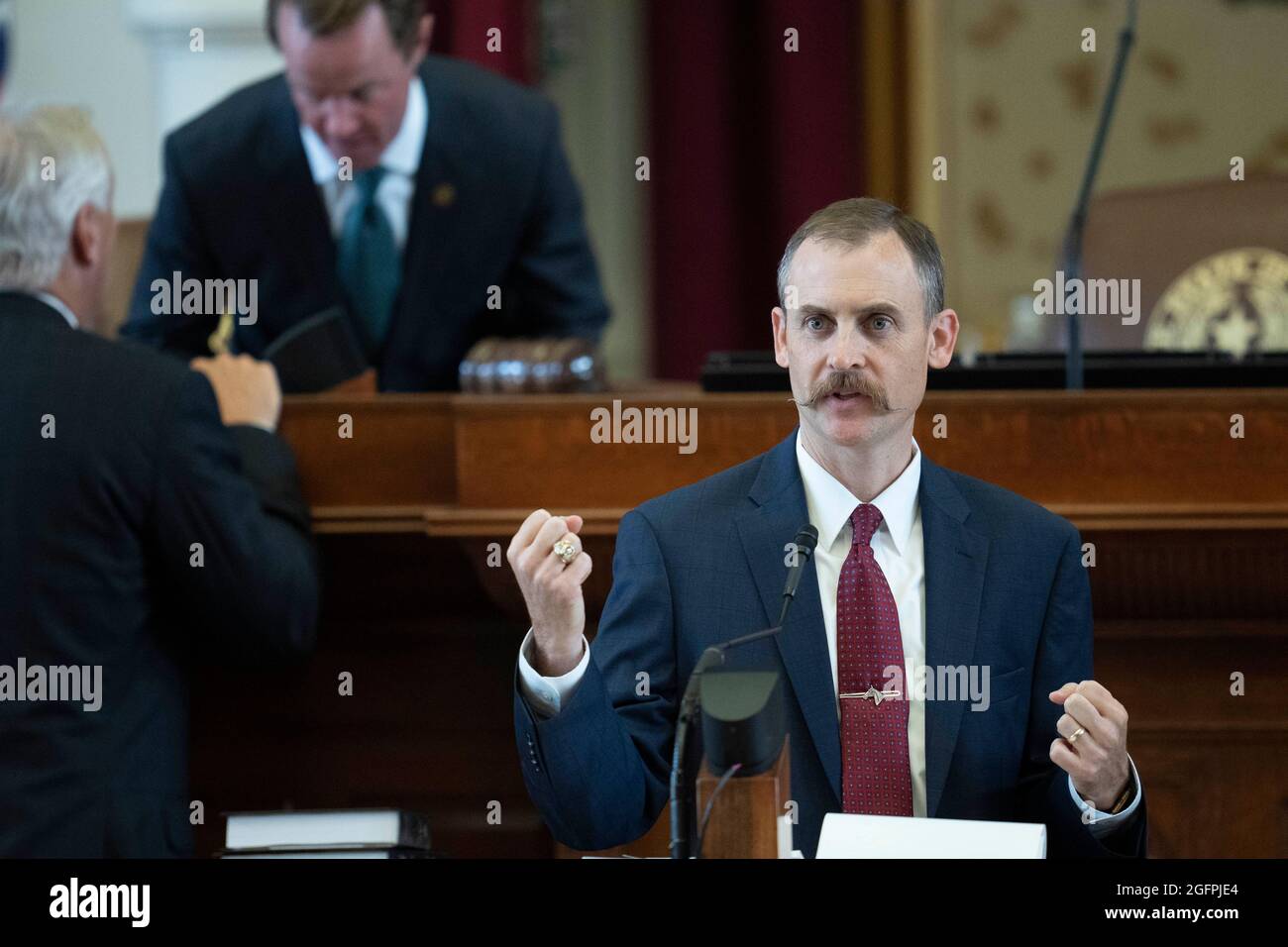 Austin Texas USA, Aug. 26, 2021: State Rep. Andrew Murr, R-Junction, lays out the bill as the Texas House debates SB 1, a Republican-led measure that would tighten voting procedures in Texas including a ban on 24-hour voting and mail-in ballot restrictions. The bill led to a 34-day Democratic walkout earlier in the session. Credit: Bob Daemmrich/Alamy Live News Stock Photo