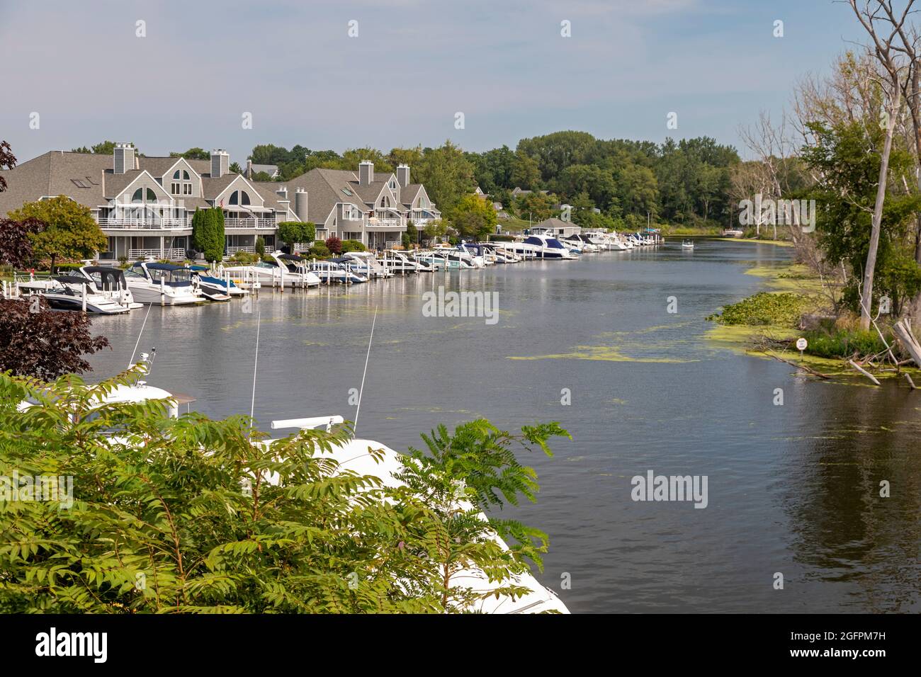 New Buffalo, Michigan Waterfront homes with boats along the Galien