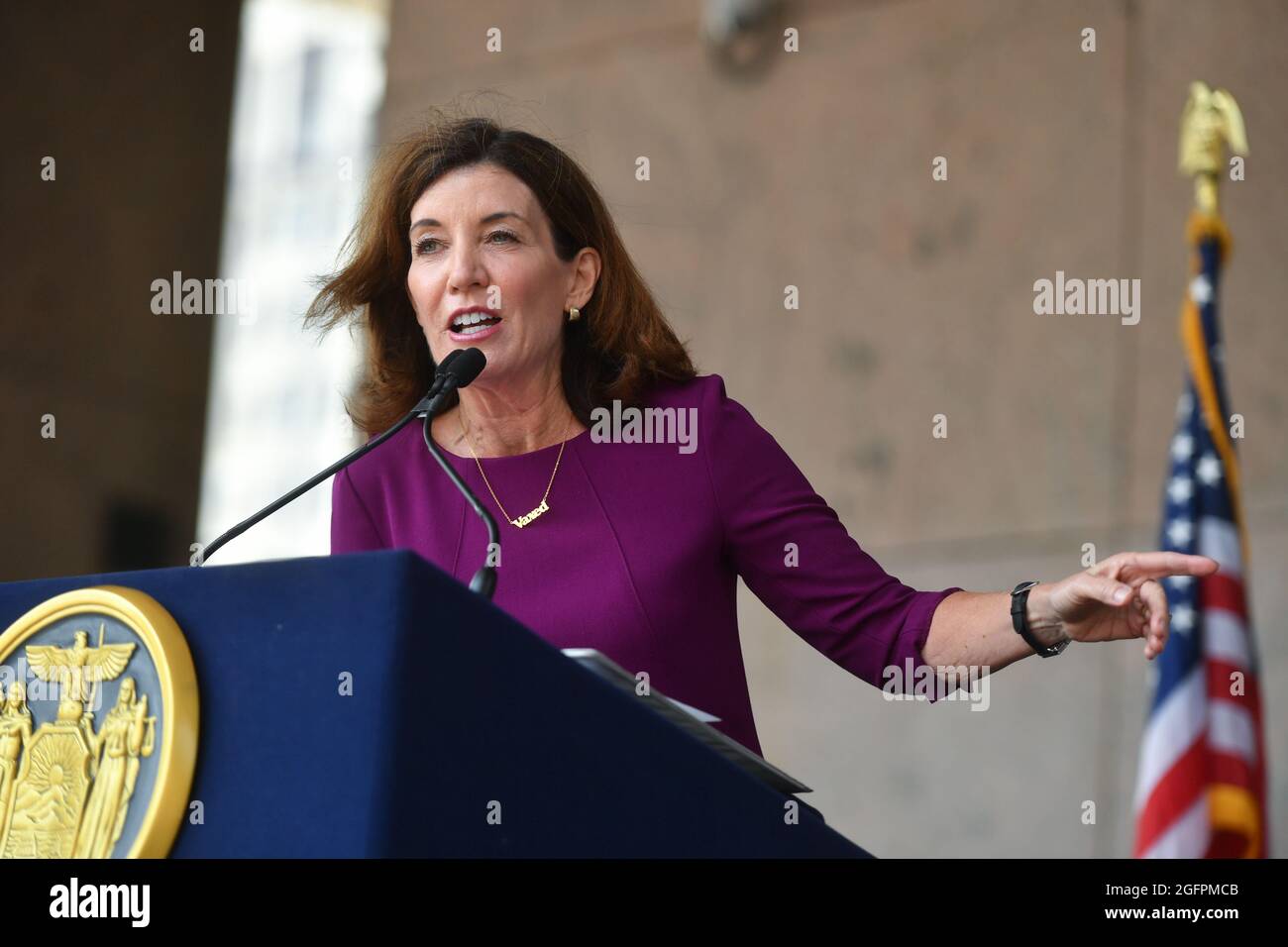 New York Governor Kathy Hochul speaks at the State office building in