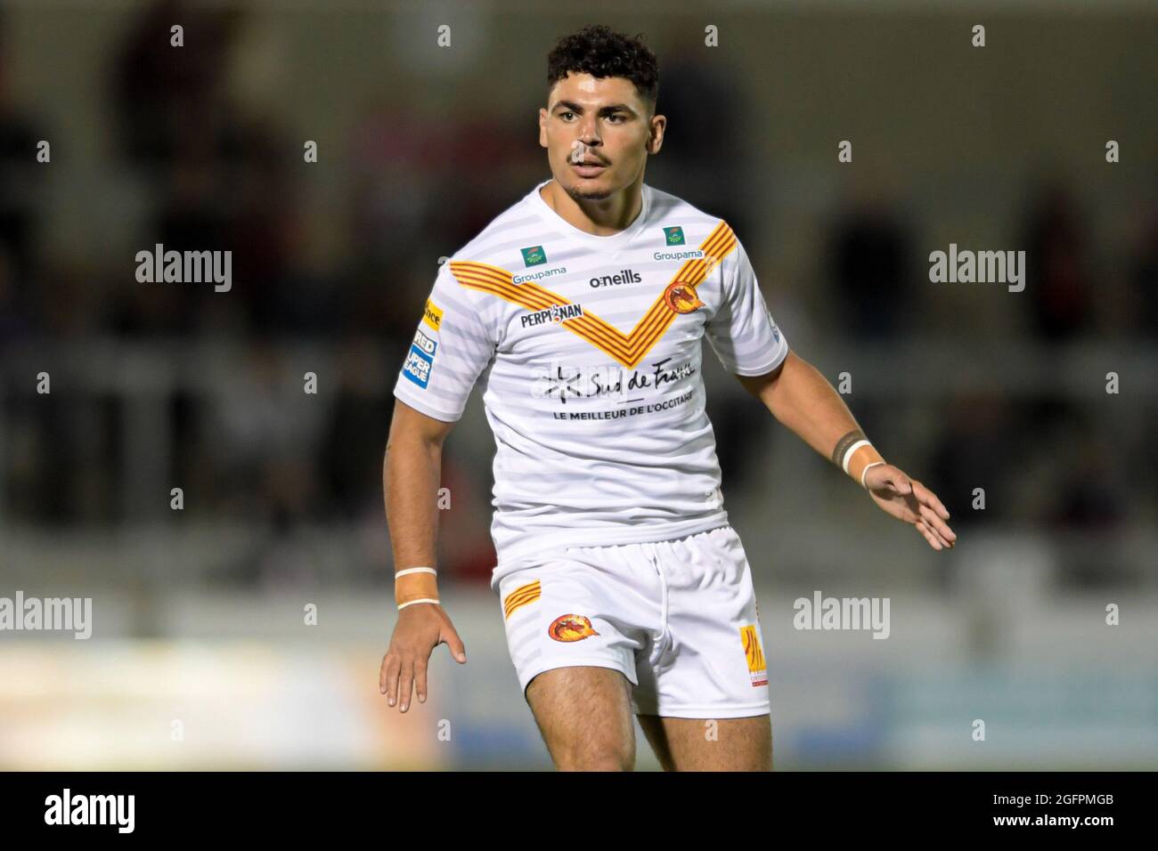 Eccles, UK. 26th Aug, 2021. Mathieu Cozza (23) of Catalans Dragons in action during the game in Eccles, United Kingdom on 8/26/2021. (Photo by Simon Whitehead/News Images/Sipa USA) Credit: Sipa USA/Alamy Live News Stock Photo
