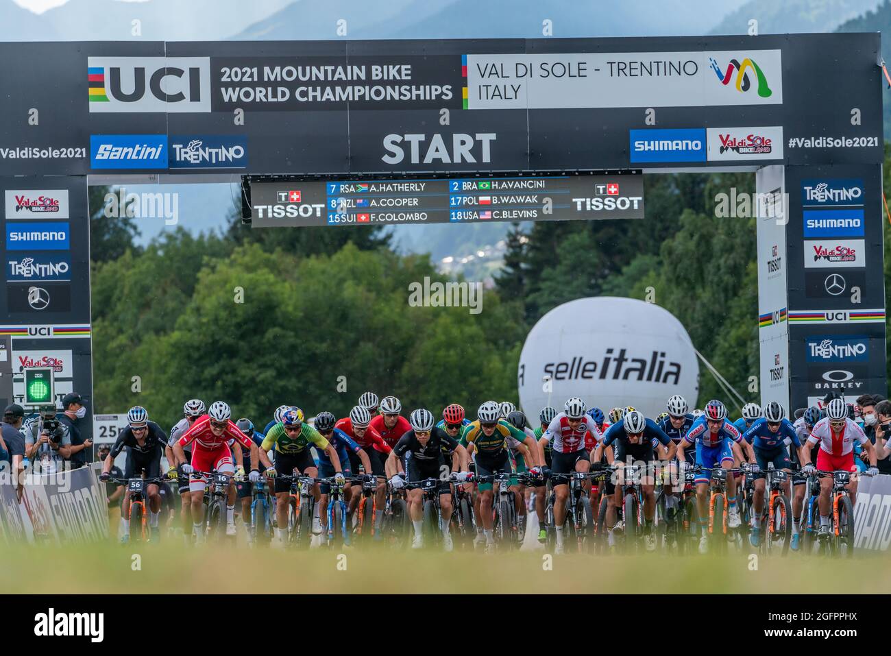 Start during the Cross Country Short Track XCC at the 2021 MTB World Championships, Mountain Bike cycling event on August 26, 2021 in Val Di Sole, Italy - Photo Olly Bowman / DPPI Stock Photo