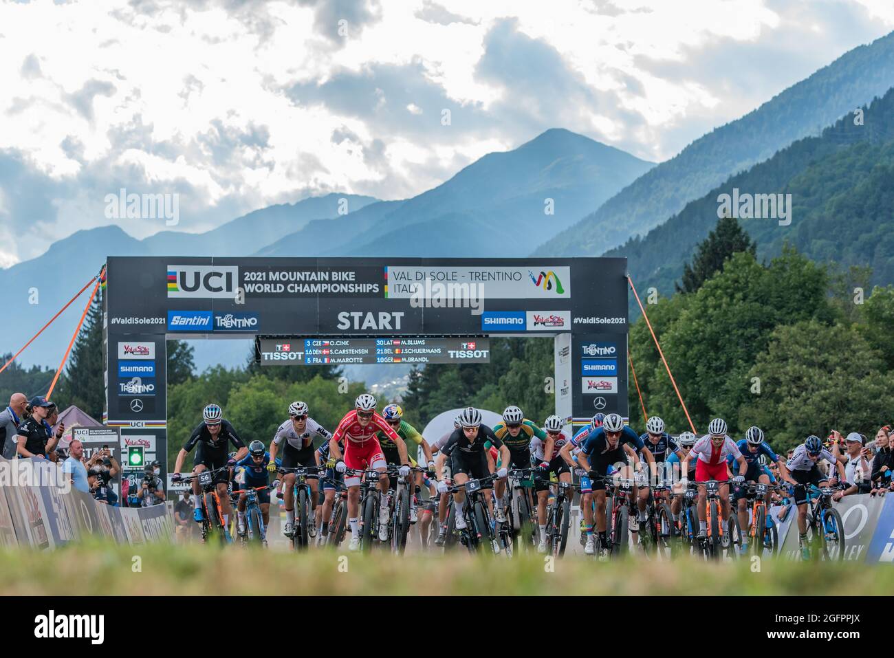 Start during the Cross Country Short Track XCC at the 2021 MTB World Championships, Mountain Bike cycling event on August 26, 2021 in Val Di Sole, Italy - Photo Olly Bowman / DPPI Stock Photo