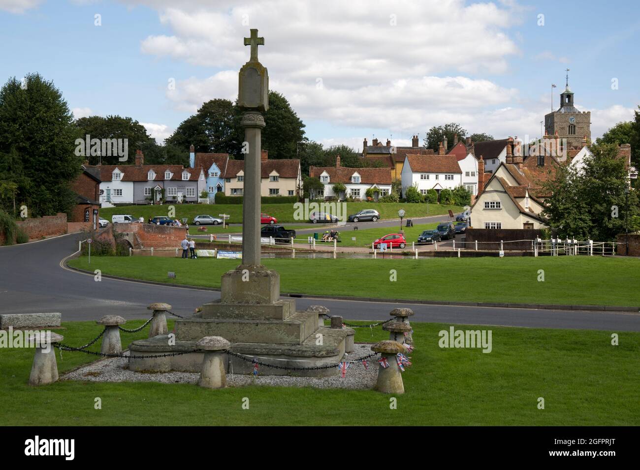 War Memorial and View of Finchingfield Village Essex Stock Photo