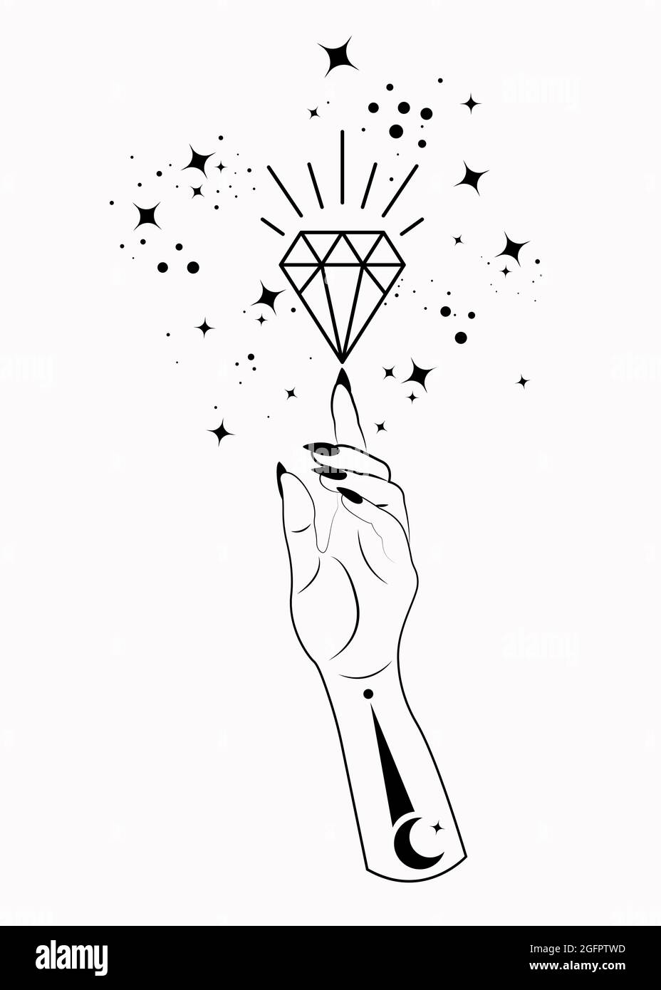 Mystical Woman Hand alchemy esoteric magic space stars, crystal symbol, Sacred Geometry. Boho style Logo in black outline tattoo icon. Spiritual occul Stock Vector
