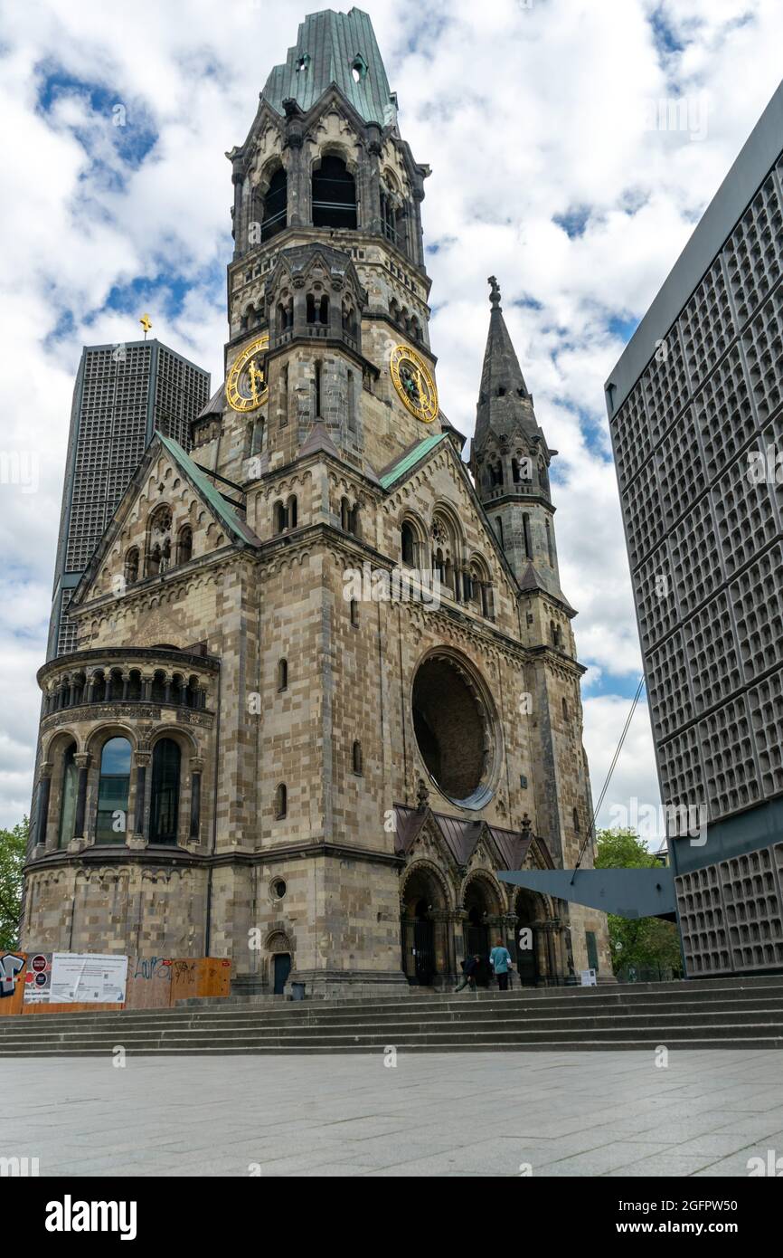 The  Kaiser Wilhelm Gedächtnis Kirche at the Kurfürstendamm is a monument on  the Breitscheidplatz in Berlins Charlottenburg district. Stock Photo