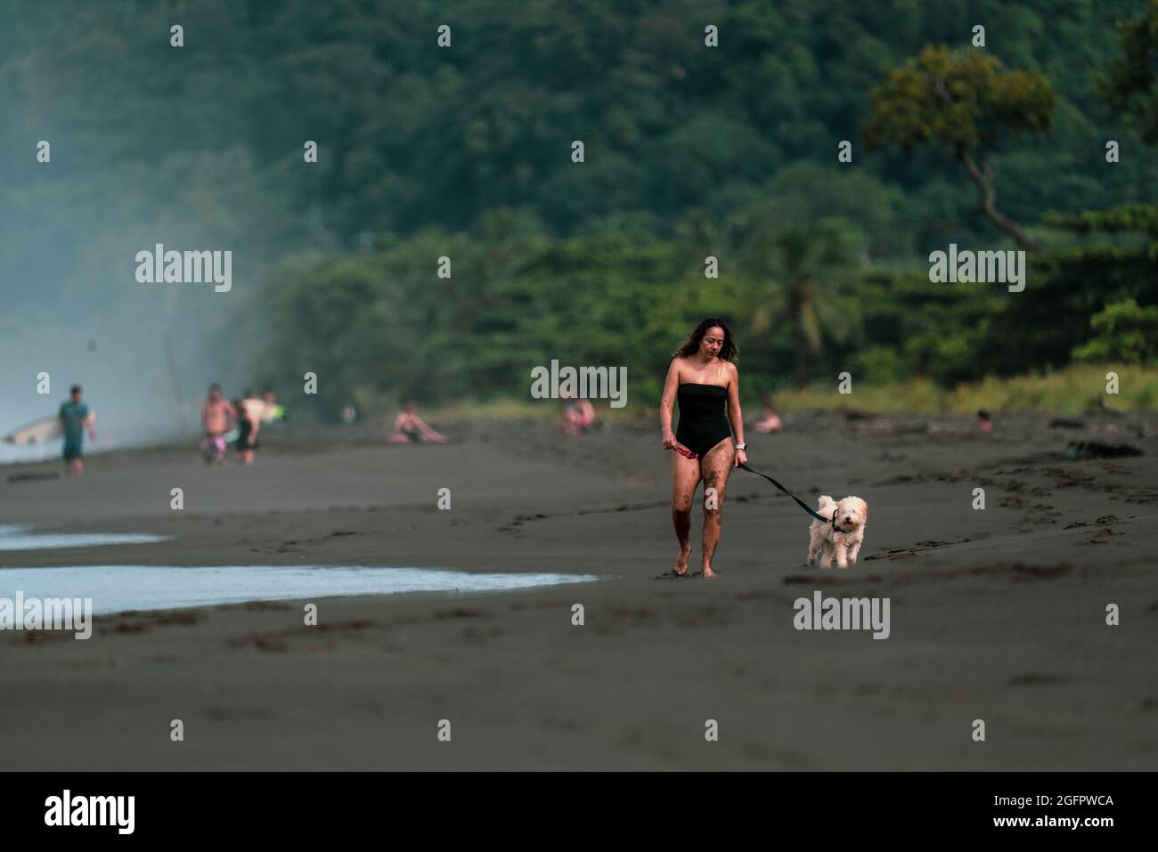 Playa Hermosa, Guanacaste, Costa Rica - 07.26.2020: A beautiful woman is walking her dog at teh Pacific Coast of Costa Rica Stock Photo