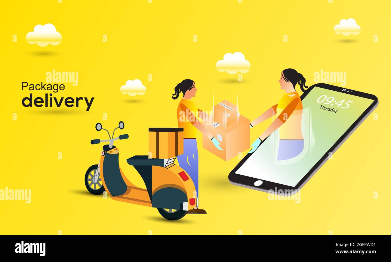 Fast online delivery package by scooter on smartphone. Delivery women