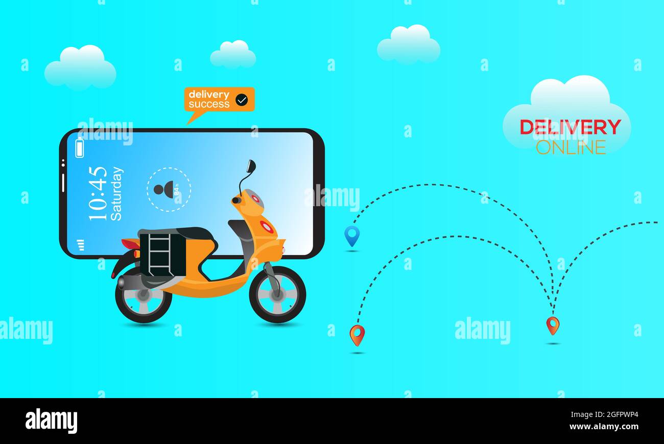 Online delivery service by scooter on mobile phone. E-commerce success, location tracking point, food box. Delivery concept Stock Vector