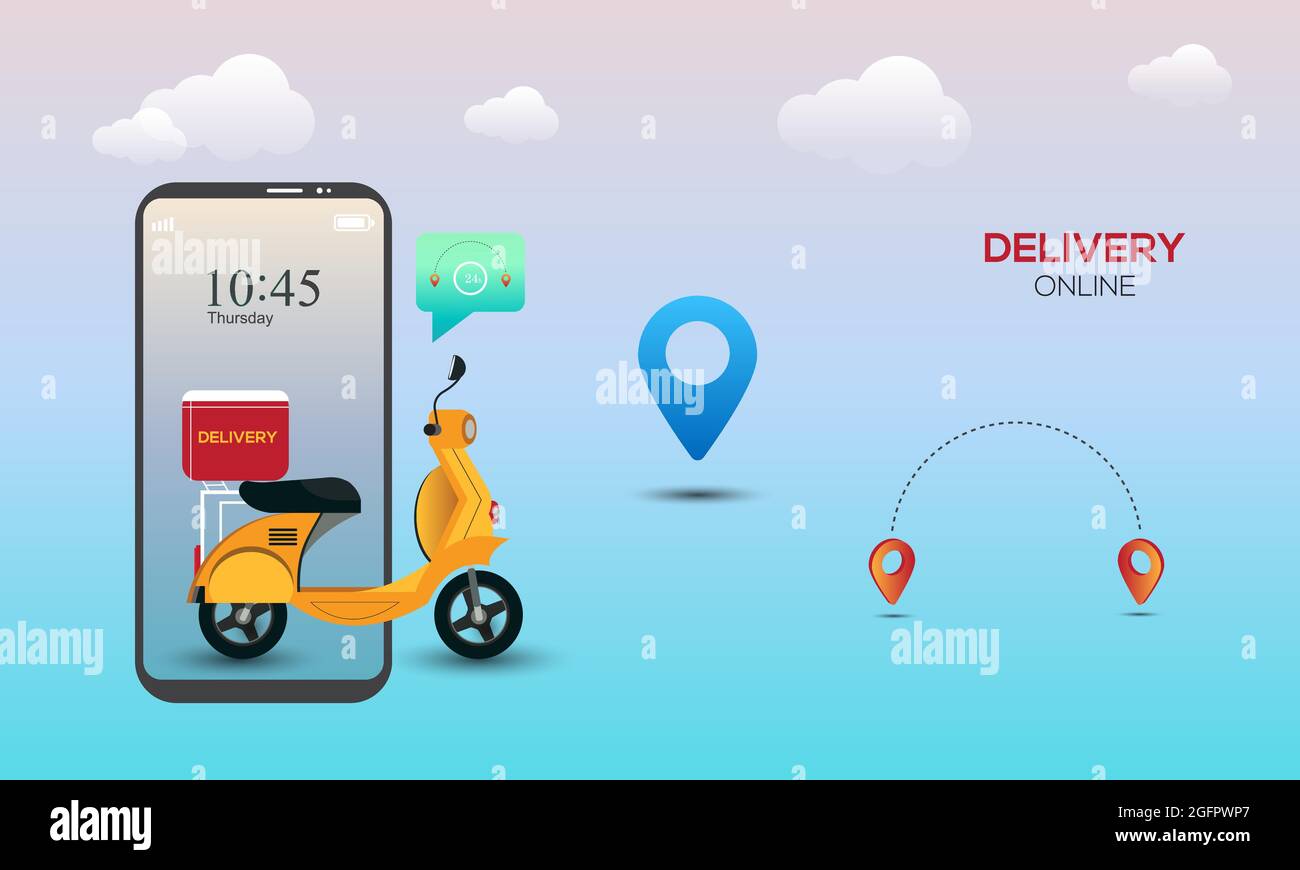 Online delivery service by scooter on mobile phone. success