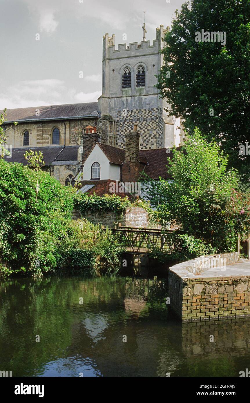Waltham Abbey church tower and Cornmill Stream in summer, Waltham Abbey, Essex, Southern England Stock Photo
