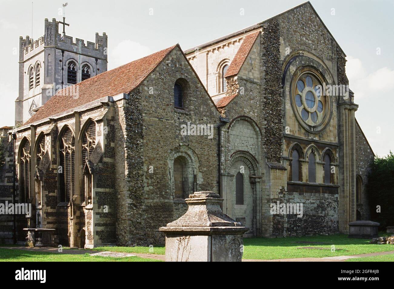 The exterior of the historic Abbey church of Waltham Holy Cross and St Lawrence, at Waltham Abbey, Essex, UK Stock Photo