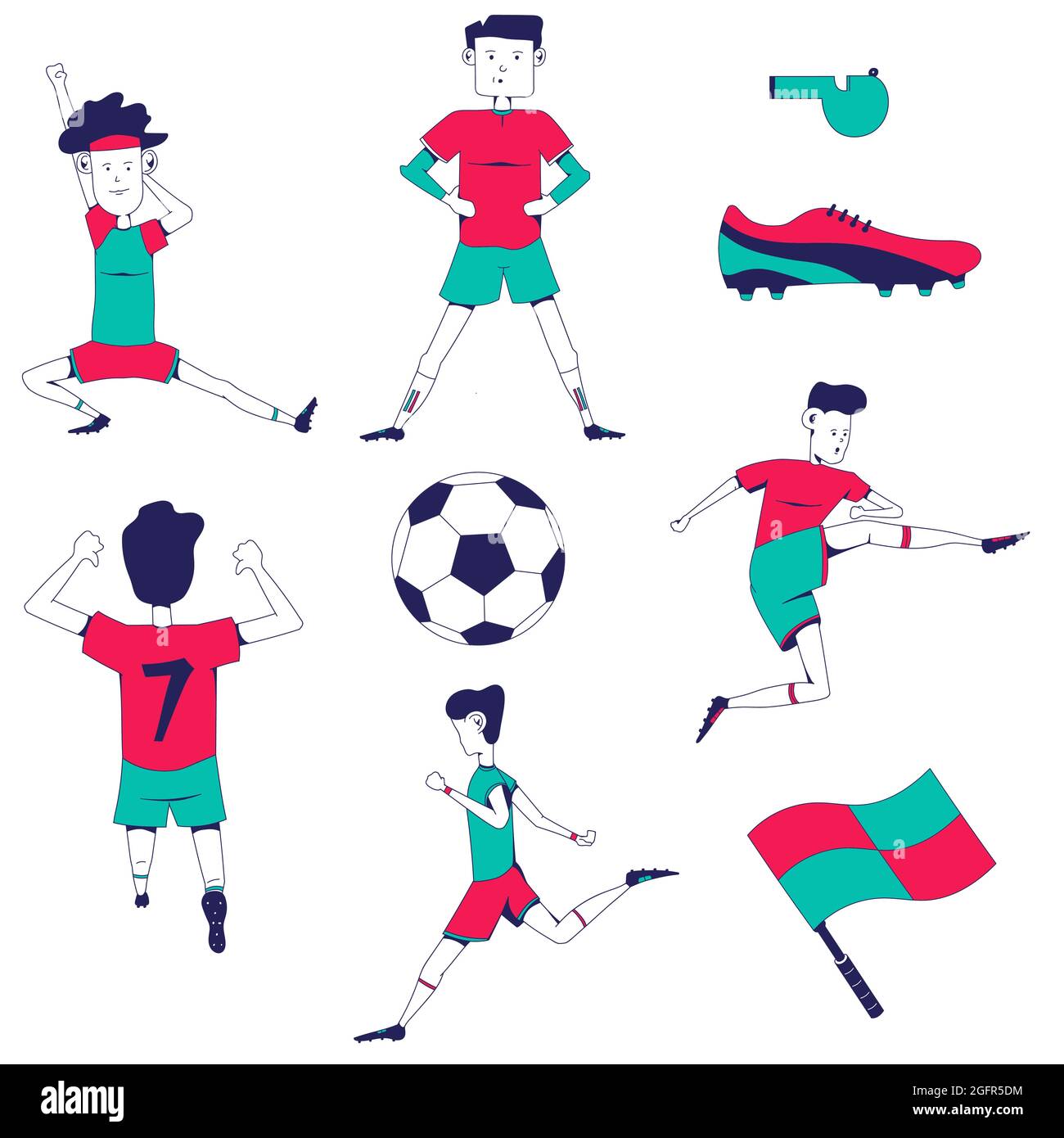 Soccer player character in various pose with flat design style Stock Vector