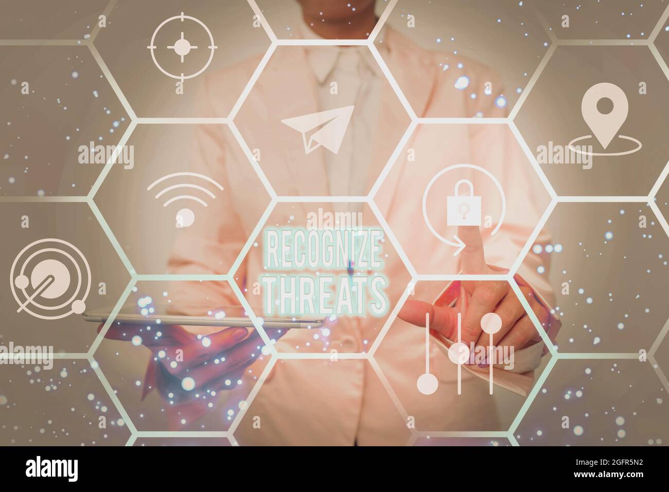 Text showing inspiration Recognize Threats. Business showcase potential ...