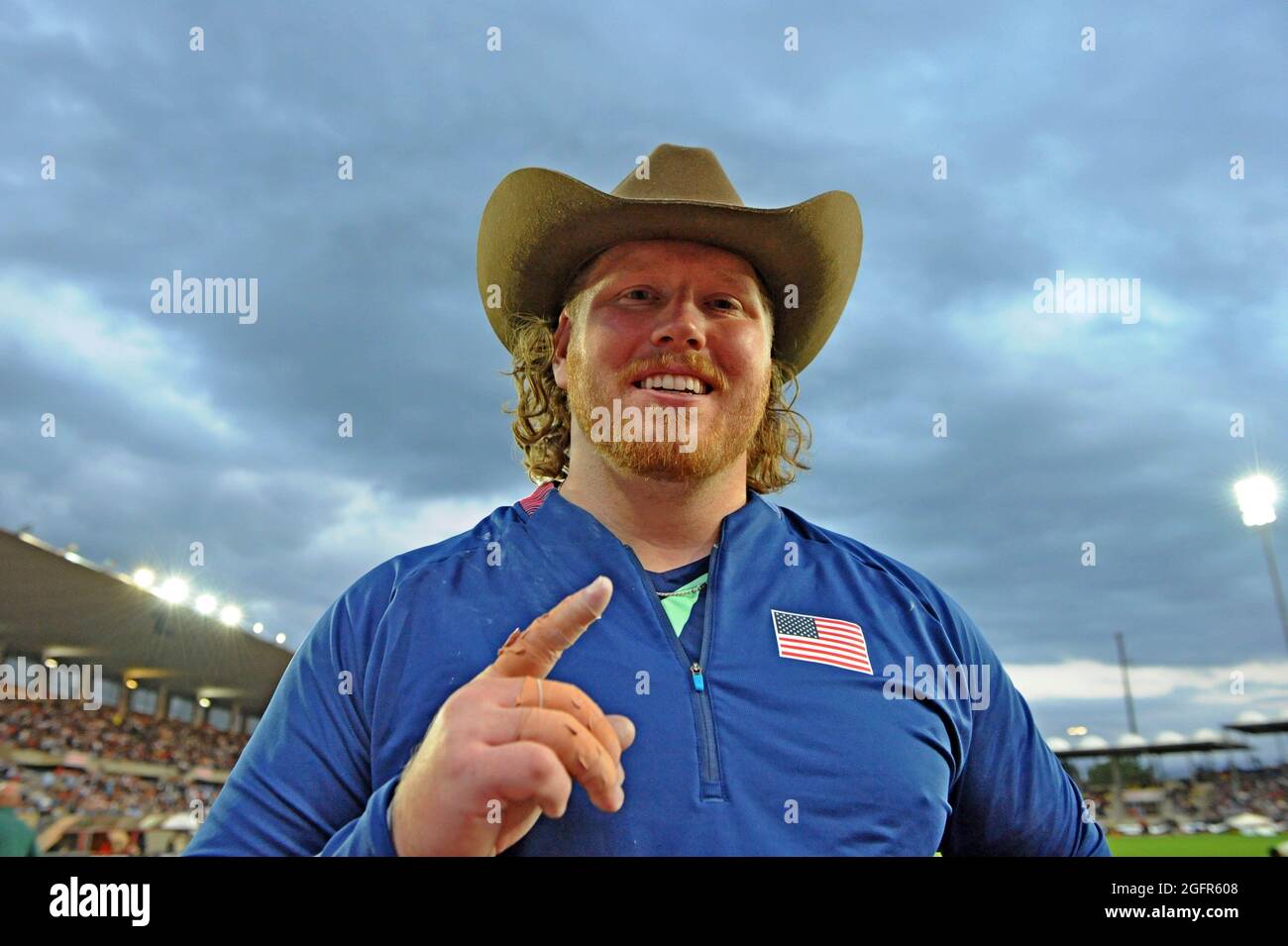 Ryan Crouser (USA) poses with cowboy hat after winning  the shot put at 74-10 (22.811m) during the Athletissima meeting Stade Olympique de la Pontaise Stock Photo