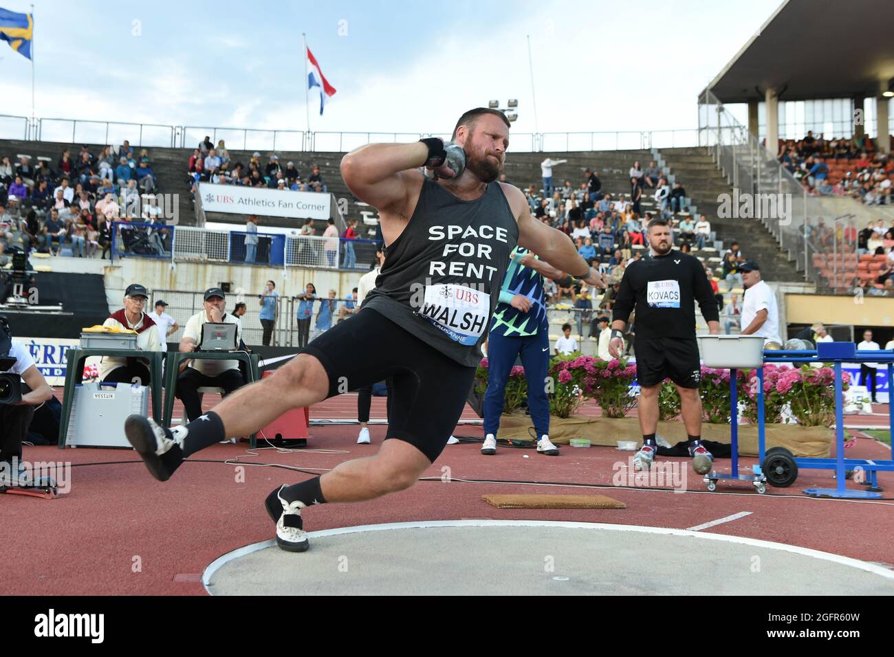 Tomas Walsh (NZL) places second in the shot put at 72-6 1/4 (22.10m) during the Athletissima meeting Stade Olympique de la Pontaise, Thursday, Aug. 26 Stock Photo