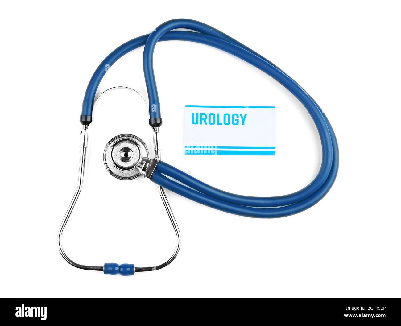 Medical stethoscope and card with word UROLOGY on white background