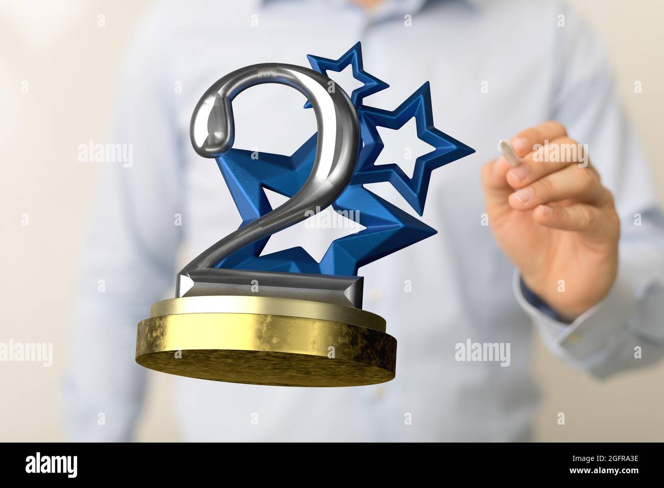 Person presenting the virtual projection of a second-place saward Stock Photo