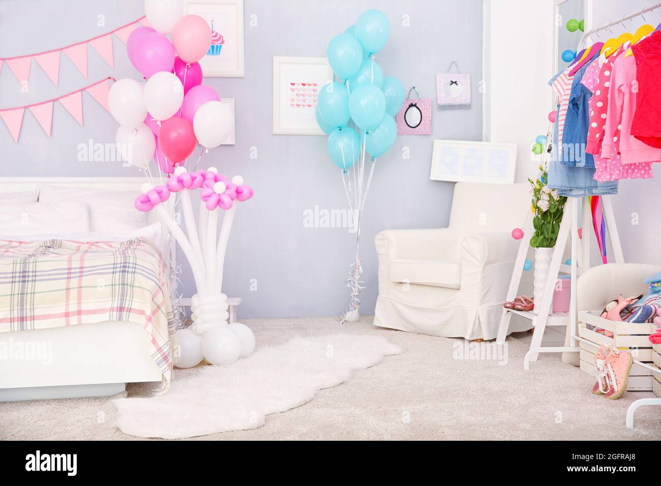 Interior of beautiful room decorated for birthday celebration Stock