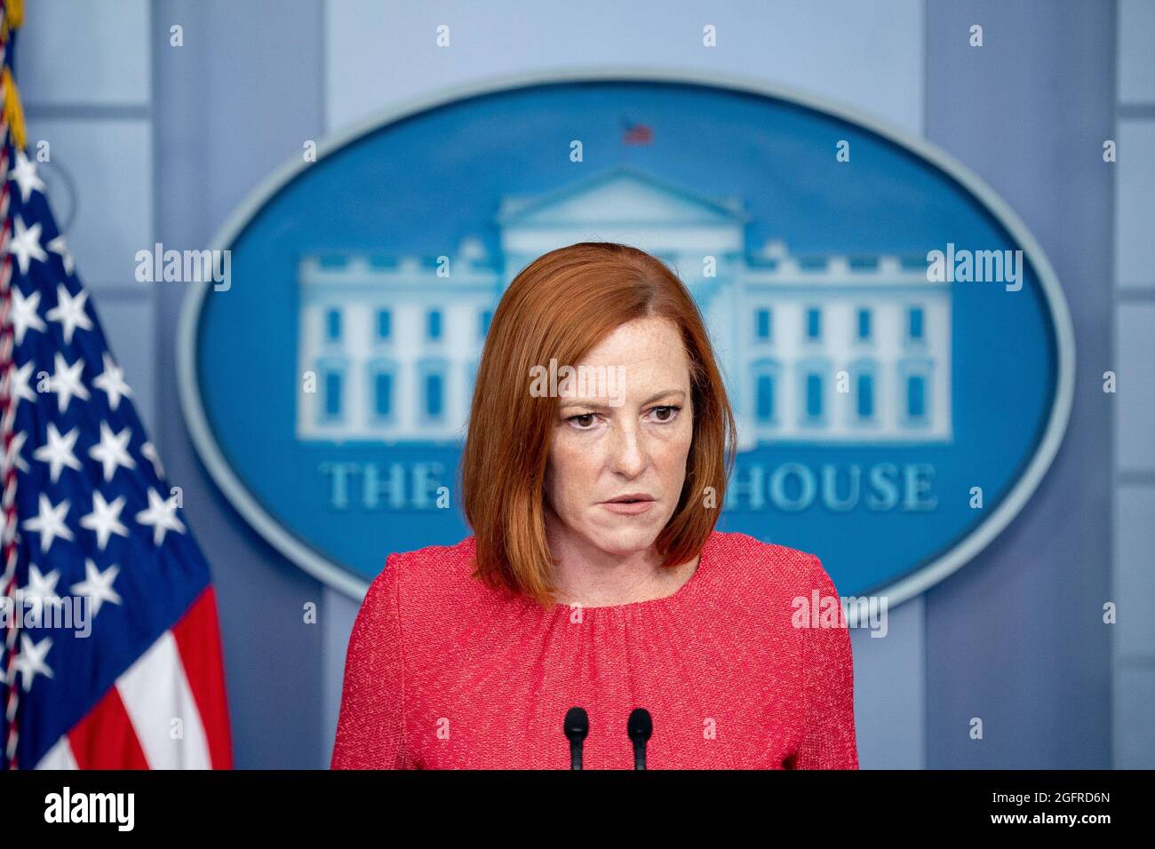 Washington, United States. 26th Aug, 2021. White House Press Secretary Jen Psaki speaks to reporters in the James S. Brady Press Briefing Room of the White House in Washington, DC on Thursday, August 26, 2021. Multiple explosions near Hamid Karzai International Airport in Kabul, Afghanistan wounded many and killed at least 12 American service members. Photo by Stefani Reynolds/UPI Credit: UPI/Alamy Live News Stock Photo