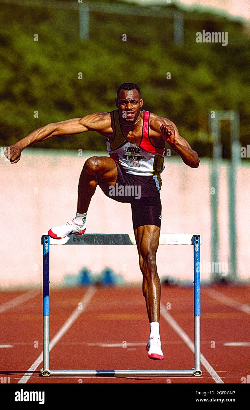 Kevin Young during a 400 meters hurdles training session in 1993 in Los