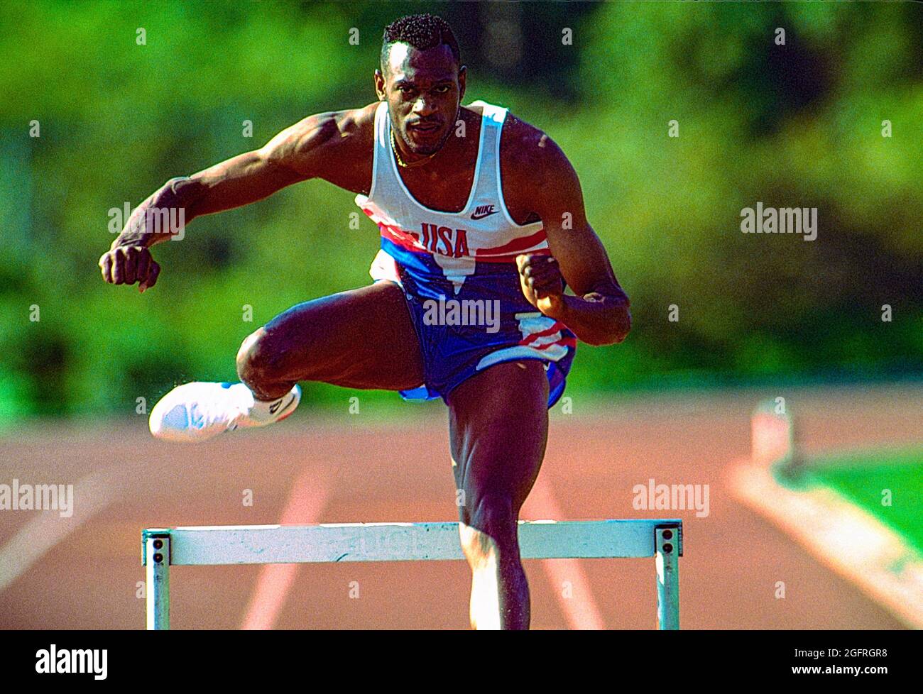 Kevin Young during a 400 meters hurdles training session in 1993 in Los