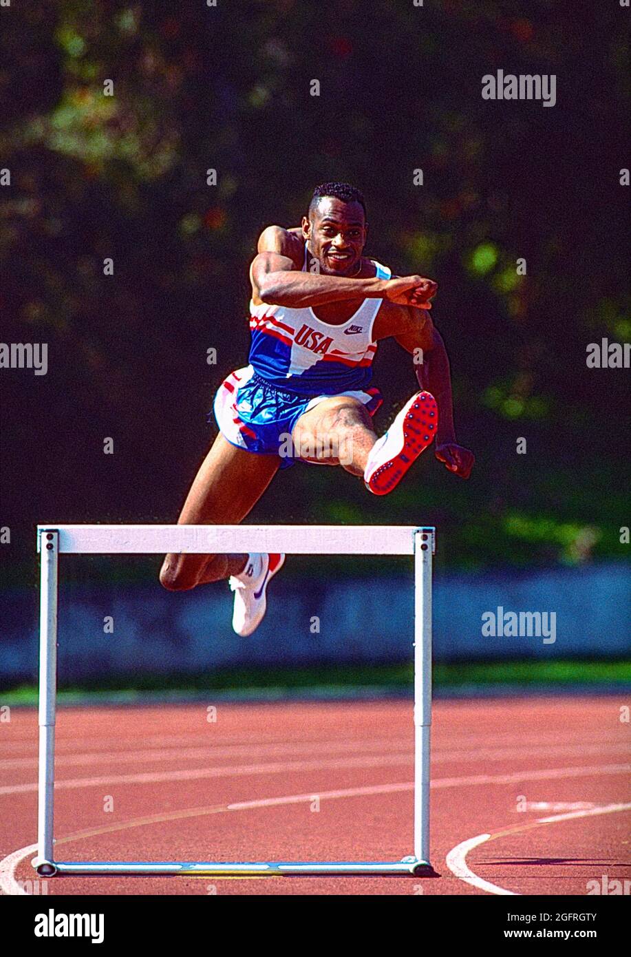 Kevin Young during a 400 meters hurdles training session in 1993 in Los