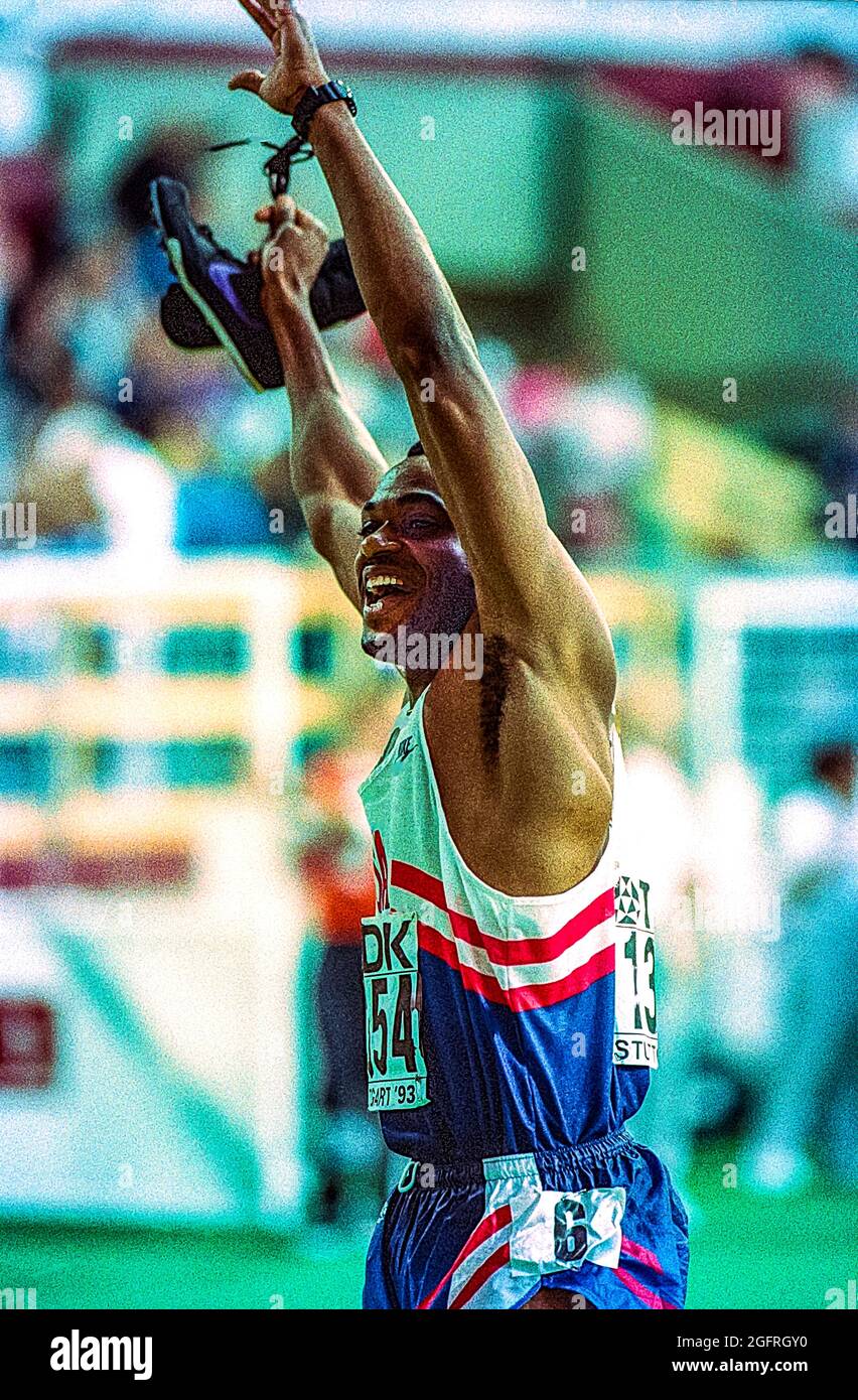 Kevin Young (USA) competing in the 400 meter hurdles at the 1993 World Championships in Athletics Stock Photo