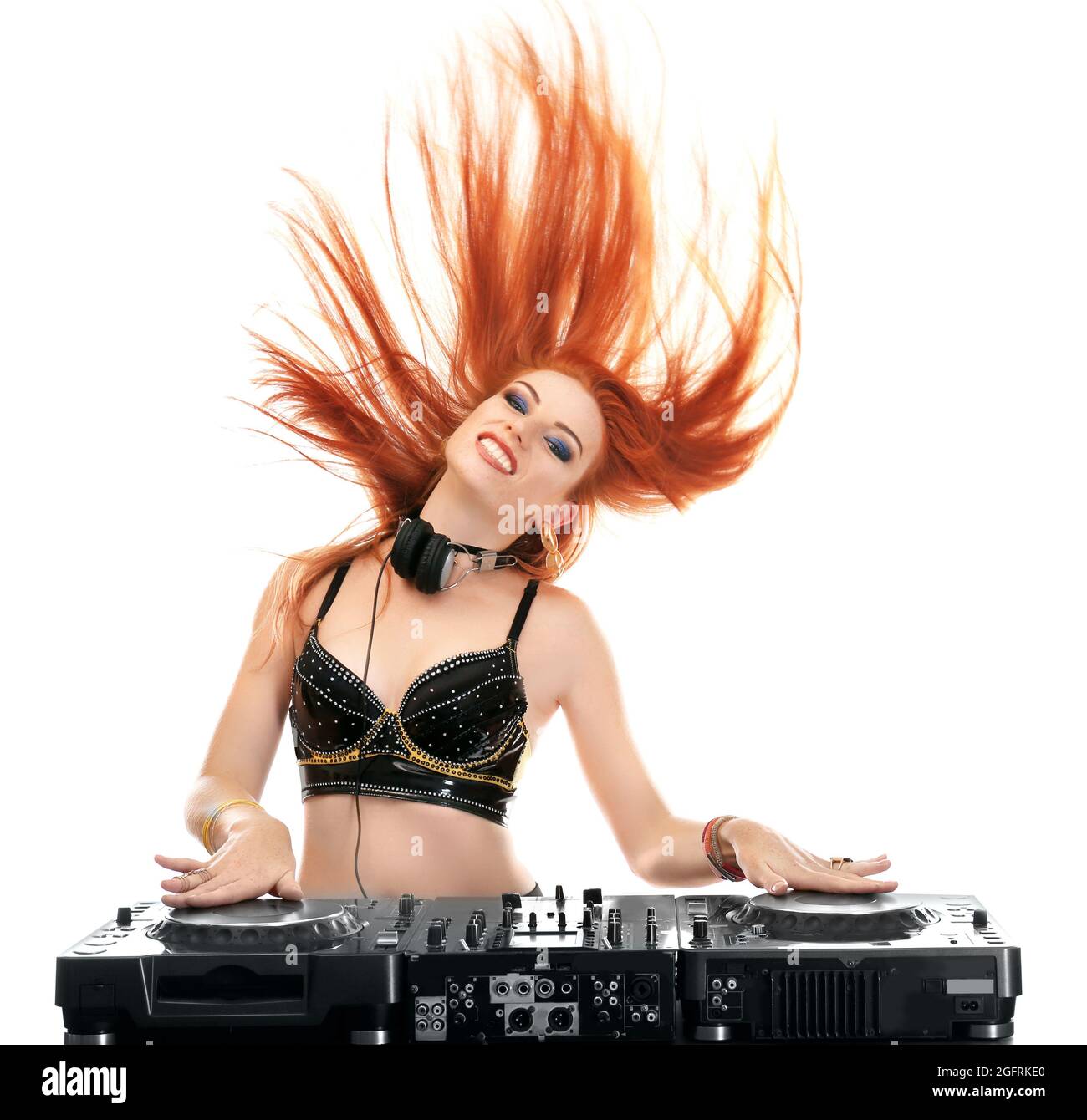 Beautiful female dj mixing music on white background Stock Photo - Alamy