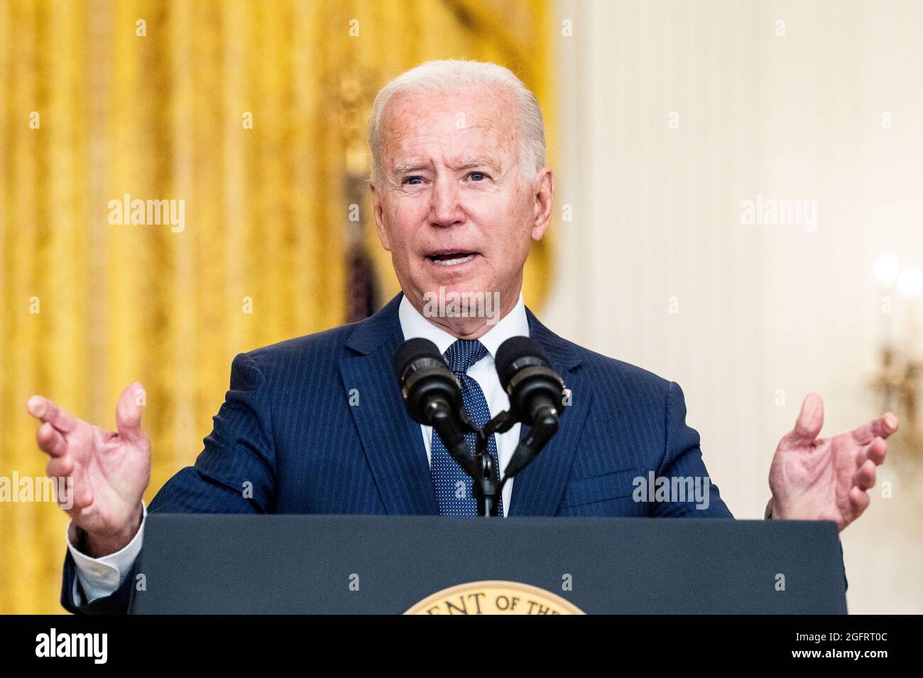 Washington, United States. 26th Aug, 2021. President Joe Biden speaks at the White House East Room about the terror attack at Hamid Karzai International Airport in Kabul, Afghanistan, and the U.S. service members and Afghan victims killed and wounded in the attack. Credit: SOPA Images Limited/Alamy Live News Stock Photo