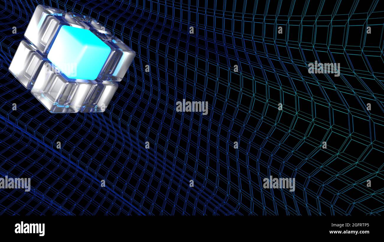 Abstract composite glass and blue cube over a waved grid - 3D rendering ...