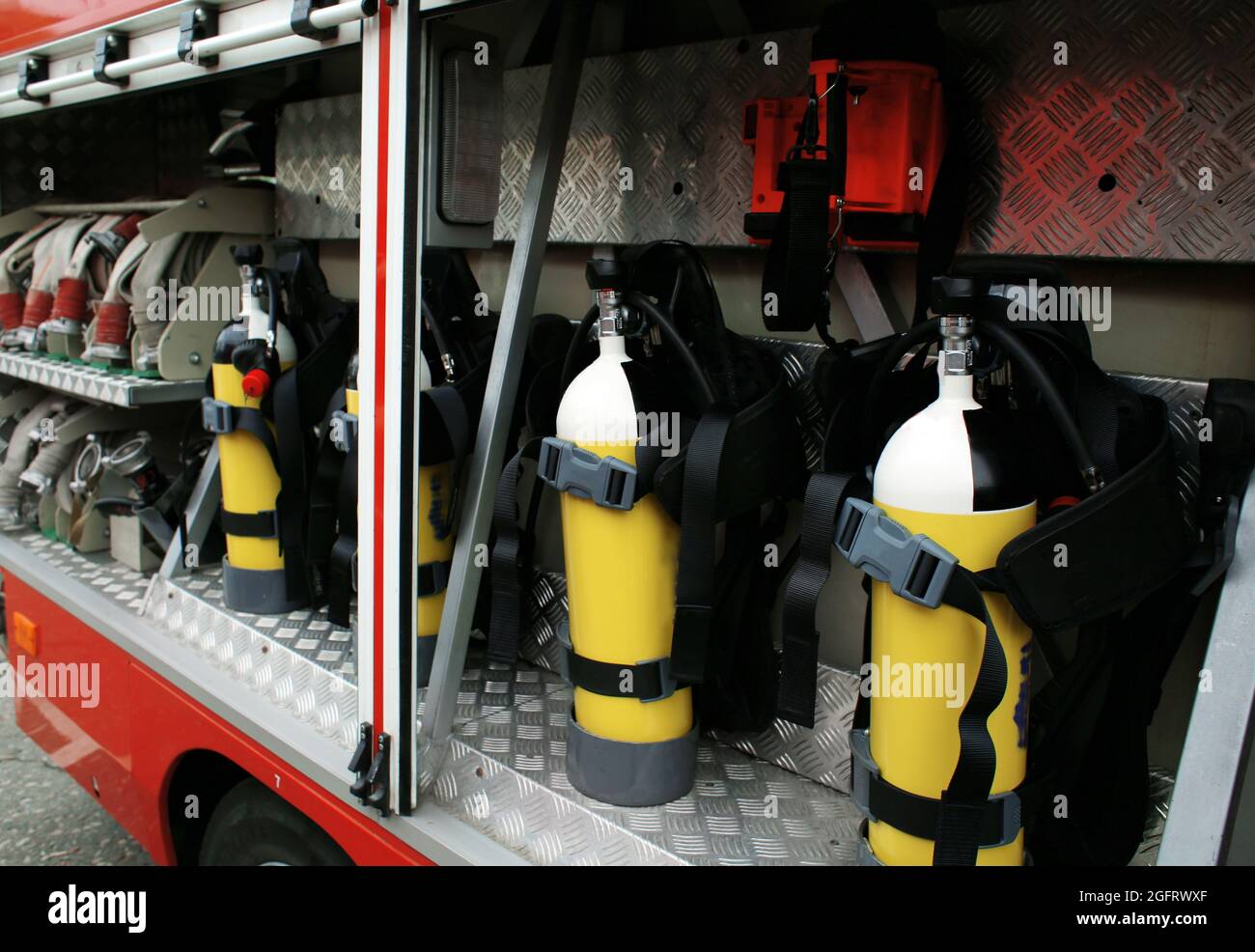 Oxygen cylinders in firefighting vehicle Stock Photo Alamy