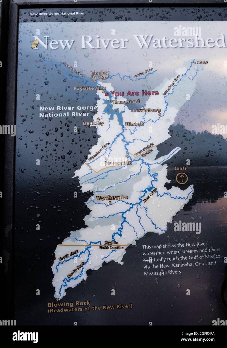 New River Gorge National Park, West Virginia. Explanatory Sign showing New River Watershed. Stock Photo