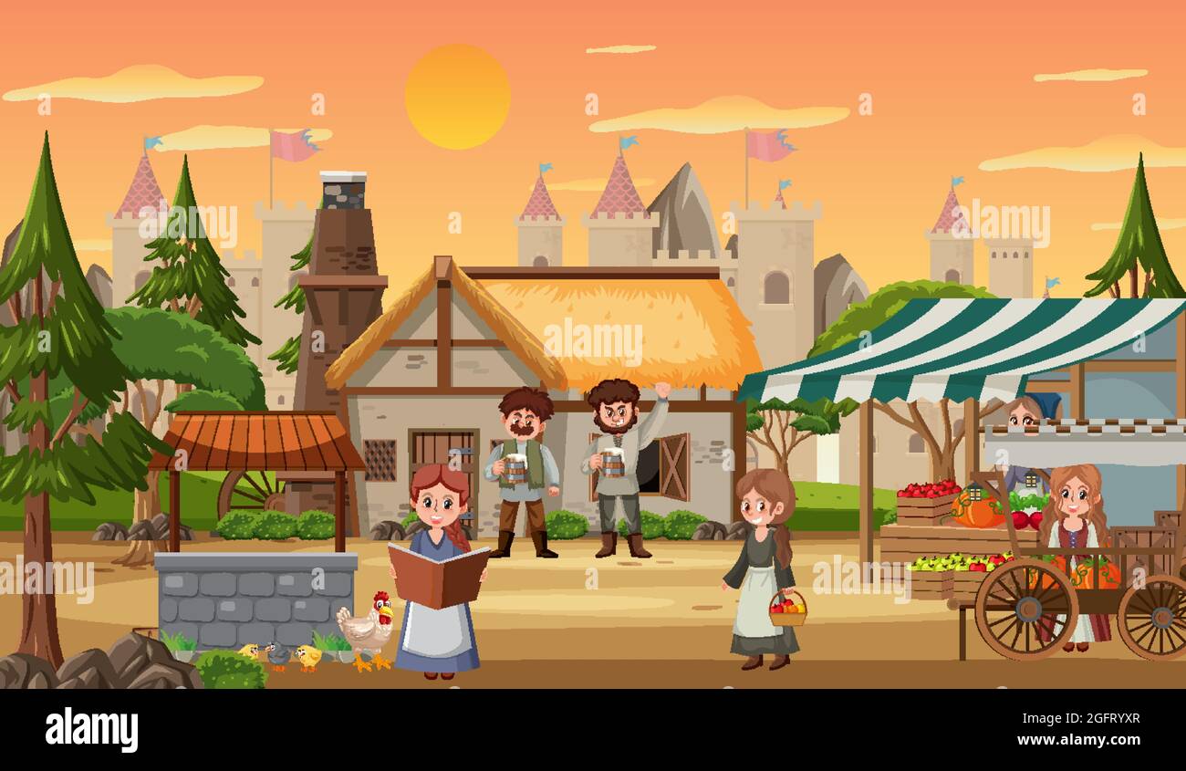 Medieval town at sunset time scene with villagers illustration Stock ...