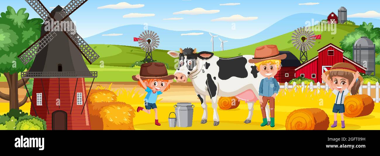 Farm horizontal landscape scene with children cartoon character and a ...