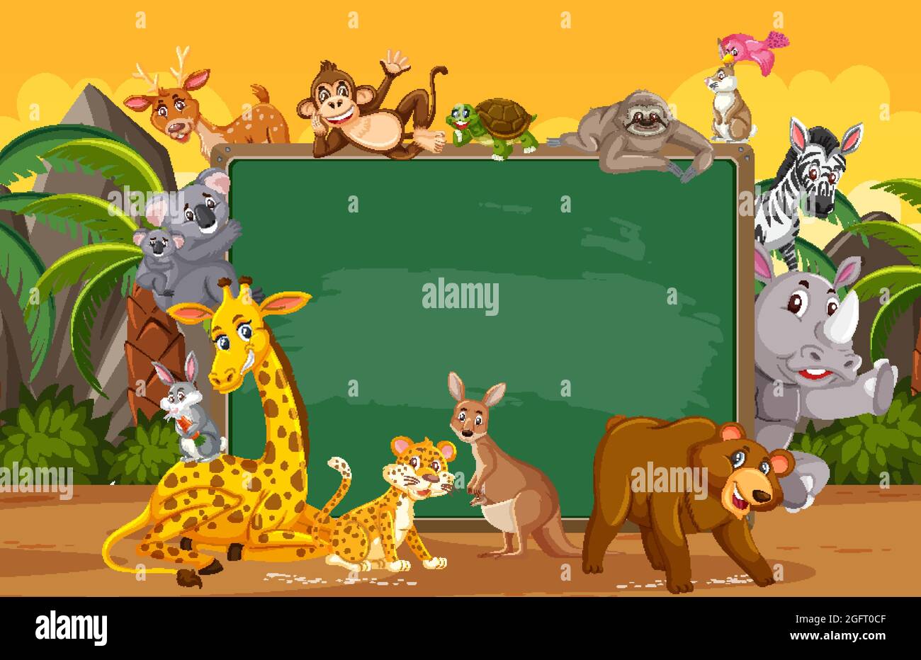 Empty blackboard with various wild animals in the forest illustration ...