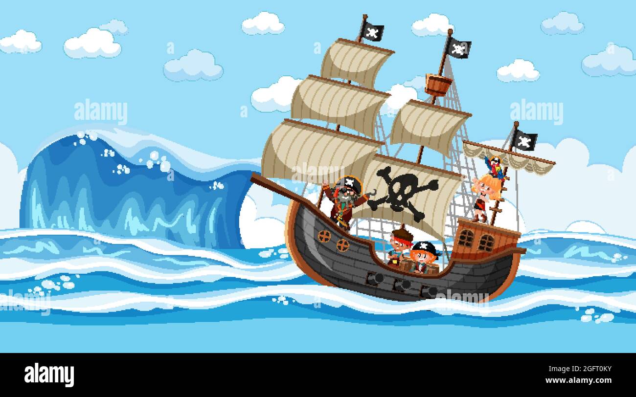 Beach with Pirate ship at daytime scene in cartoon style illustration ...