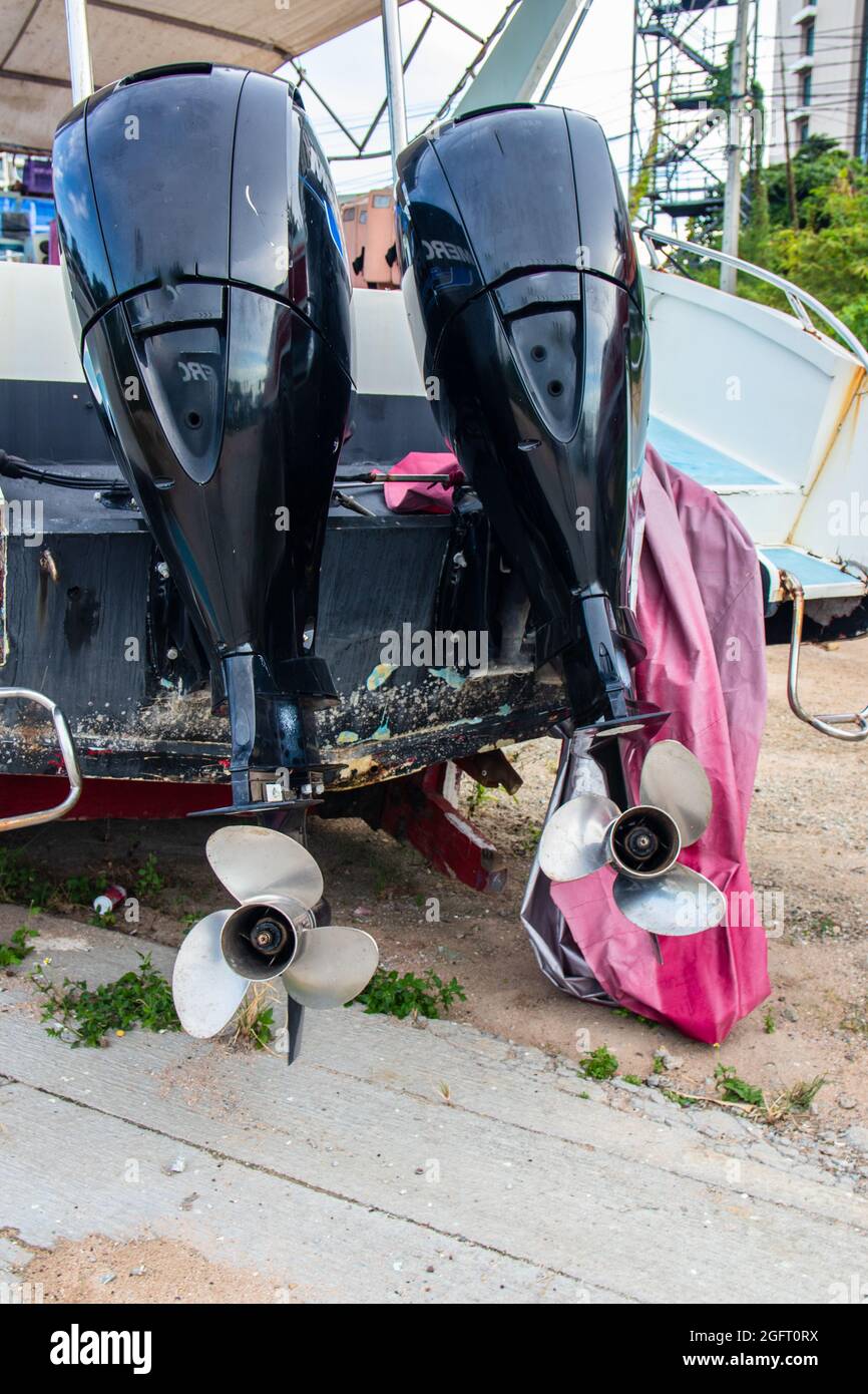 Two outboard boat motors Stock Photo Alamy
