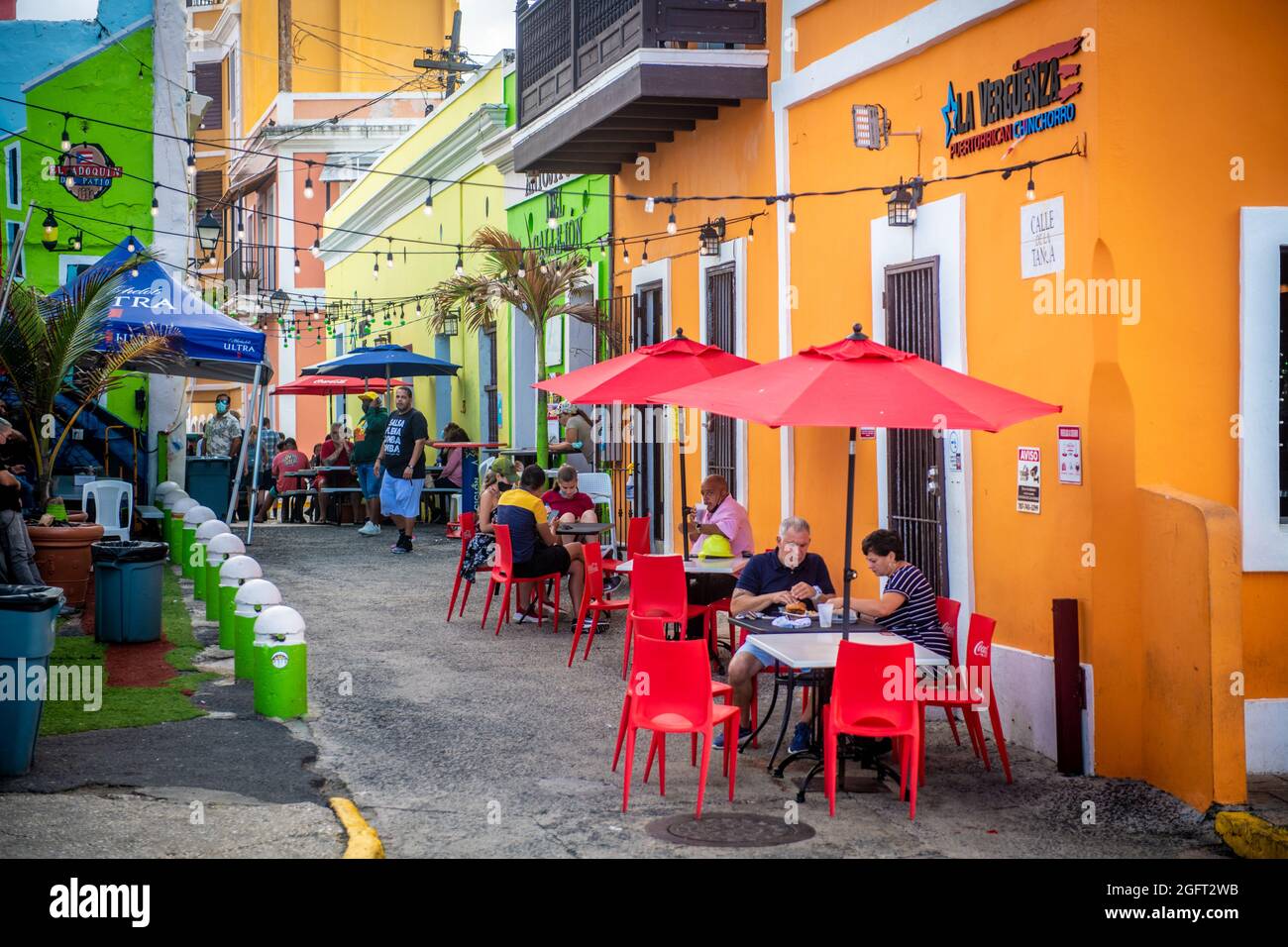 Colorful restaurant row in downtown San Juan - Puerto Rico Stock Photo