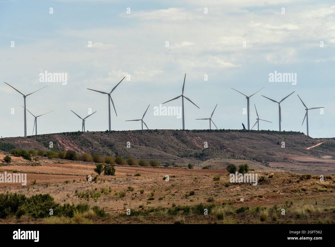 A view of wind turbines at the Wind Energy Plant Raposeras in Pradejón.The Raposeras Wind energy plant of the company EAER (Energias Alternativas Eolicas Riojanas) in the town of Pradejon has 26 wind turbines with a unit power of 1,500 kW and a blade diameter of 70.5 meters and they develop with an installed power of 39 MW. Credit: SOPA Images Limited/Alamy Live News Stock Photo