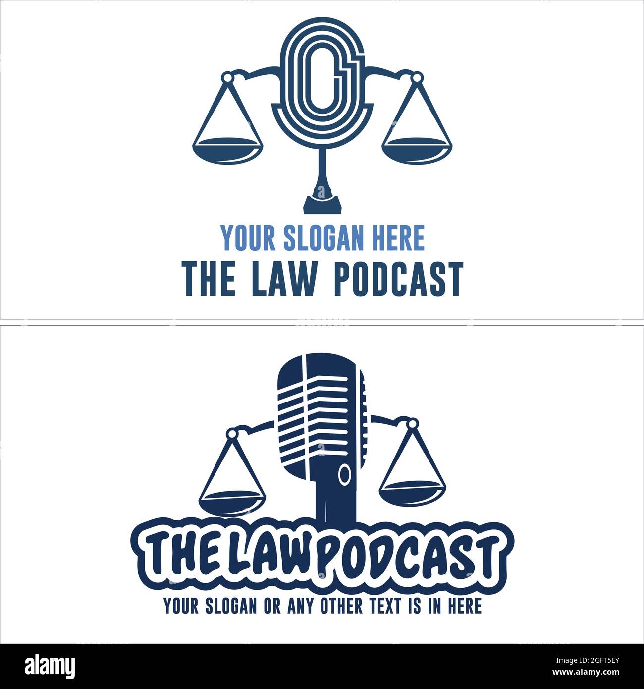 Blue microphone and scale balance icon podcast law attorney logo design Stock Vector