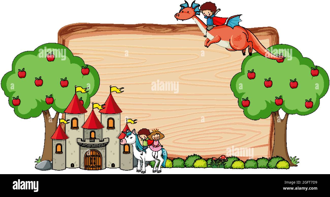 Blank wooden banner with fairy tale cartoon character and elements ...