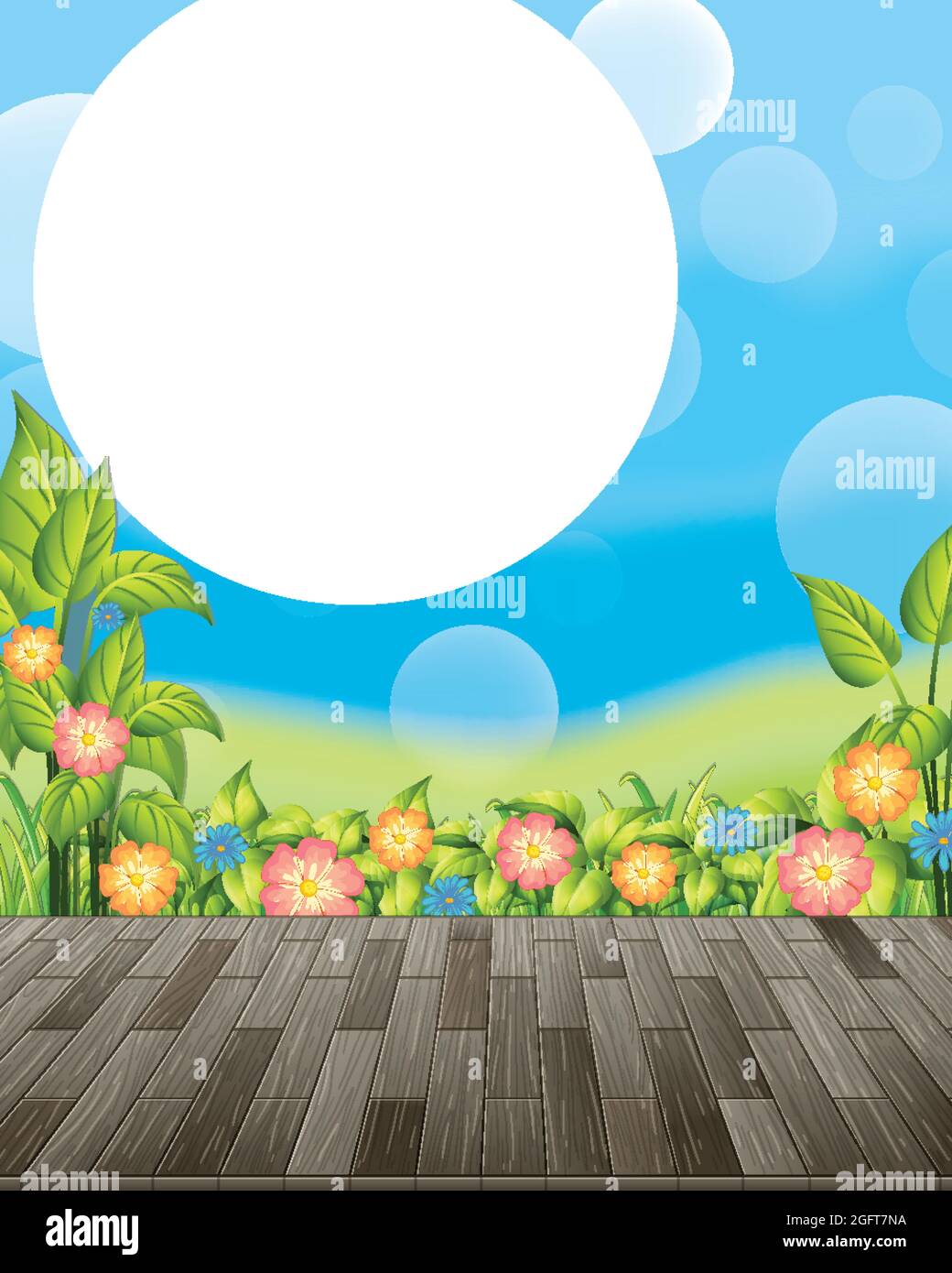 Nature background with flower field and green grass illustration Stock ...