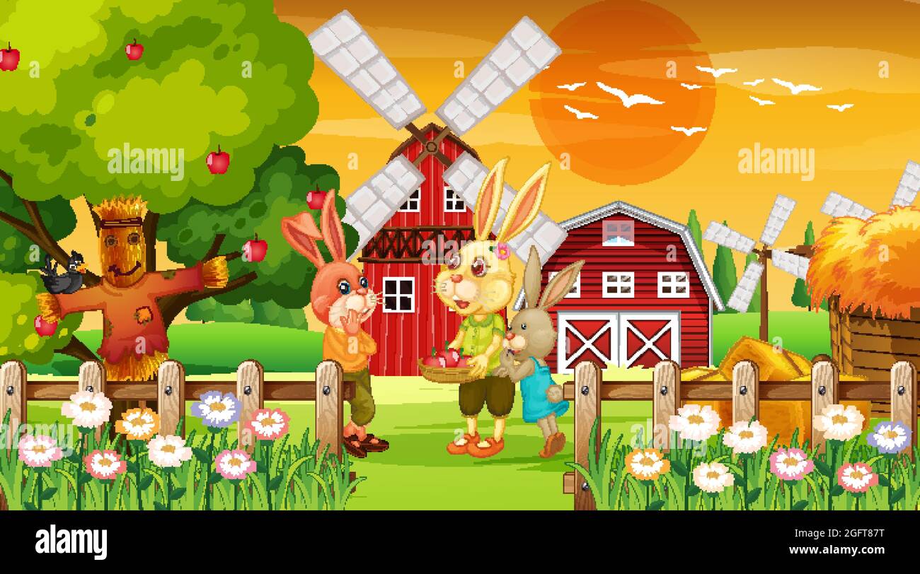 Farm at sunset time scene with old farmer man and farm animals ...