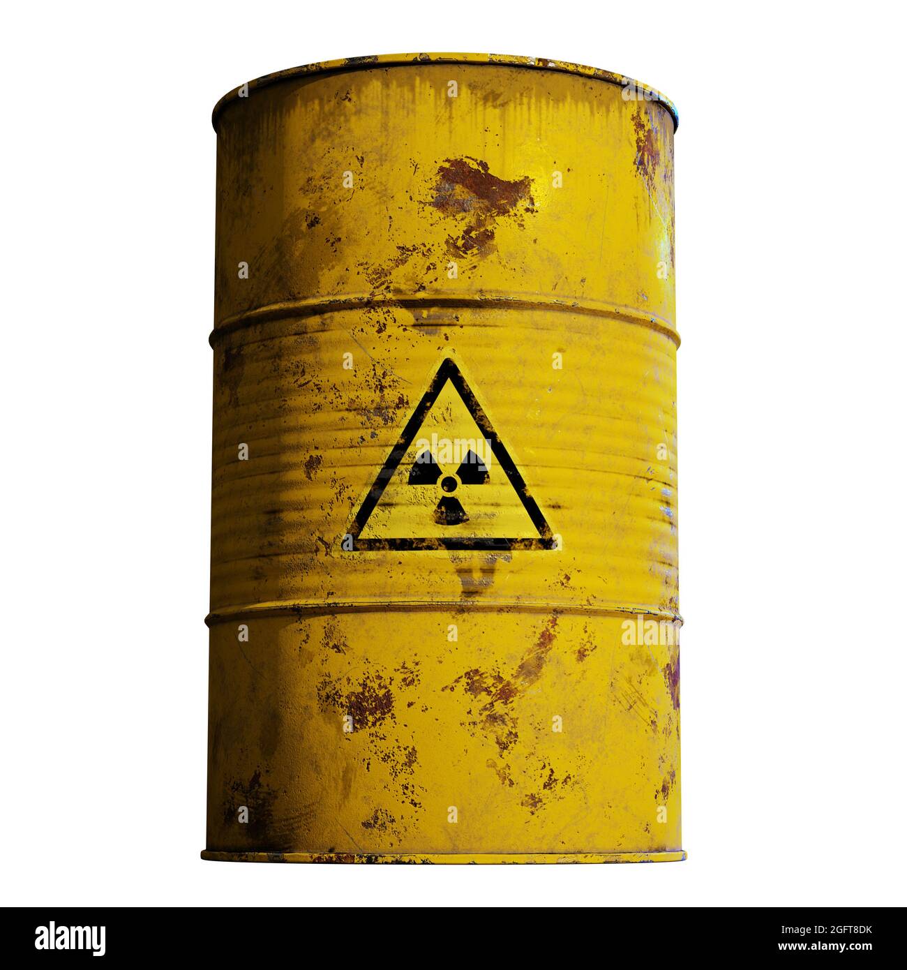 radioactive waste in rusty barrel, isolated on white background (3d render) Stock Photo