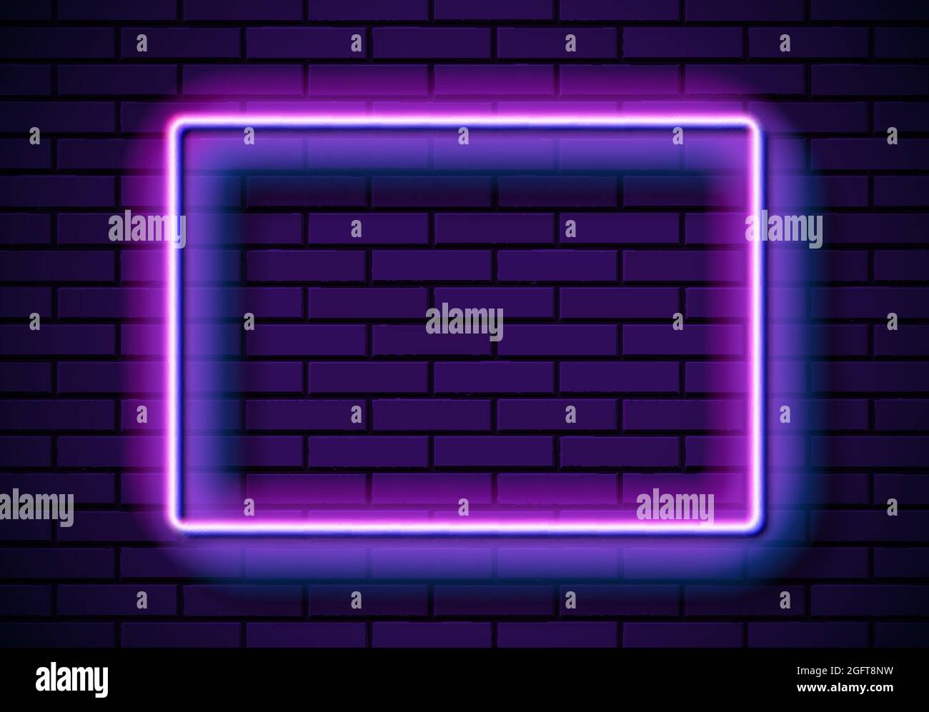Neon frame with square shape on the blue brick wall. Classic ...