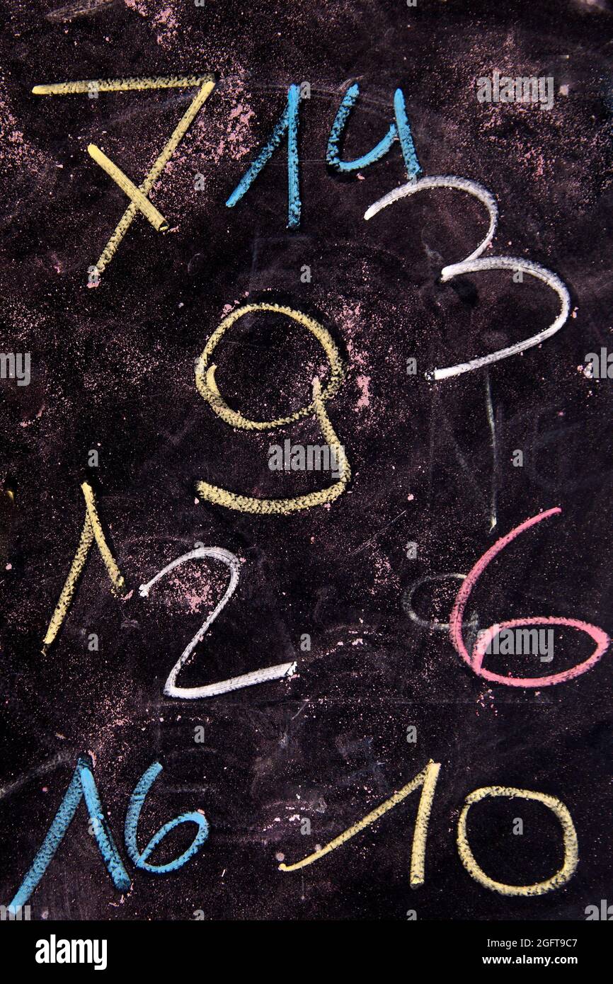 Series of colored numbers drawn with chalk on blackboard Stock Photo