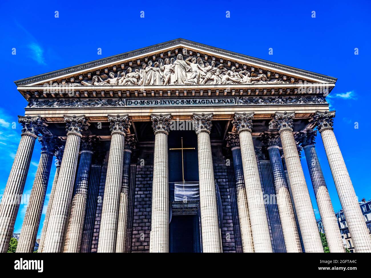 Jesus Last Judgement Statues Columns Facade La Madeleine Church Paris France. Catholic church created in 1800s as Temple to glory of Napoleon's army, Stock Photo