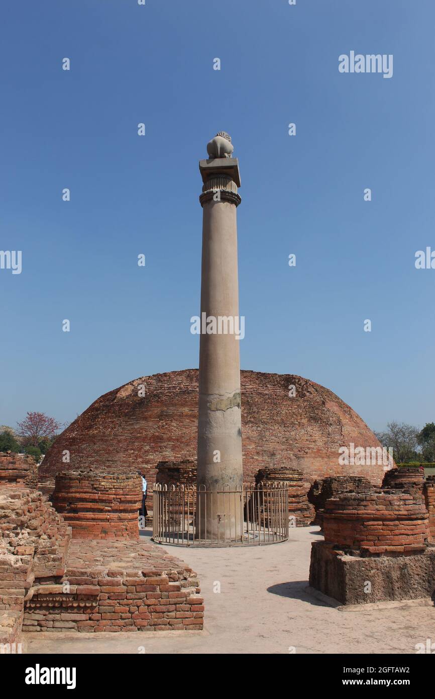 Ashoka Pillar, Emperor Ashoka built The Lion Pillar at Kolhua. It is made of a highly polished single piece of red sandstone. Stock Photo