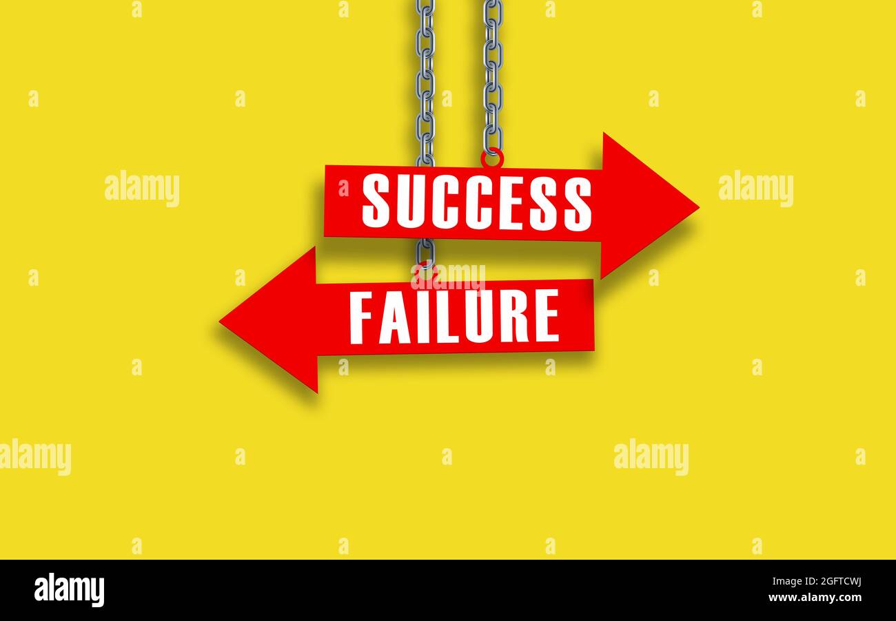 Success vs failure. White two arrow signs with hanging with metal chain on yellow background. Red Arrows Symbol. Stock Photo